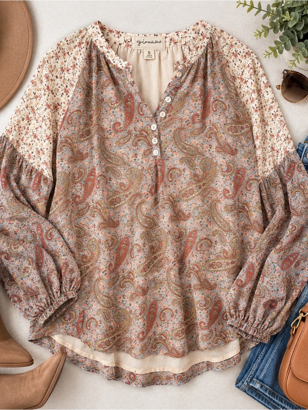 gimmicks by BKE Boho Paisley Button-Front Blouse in Beige and Rust